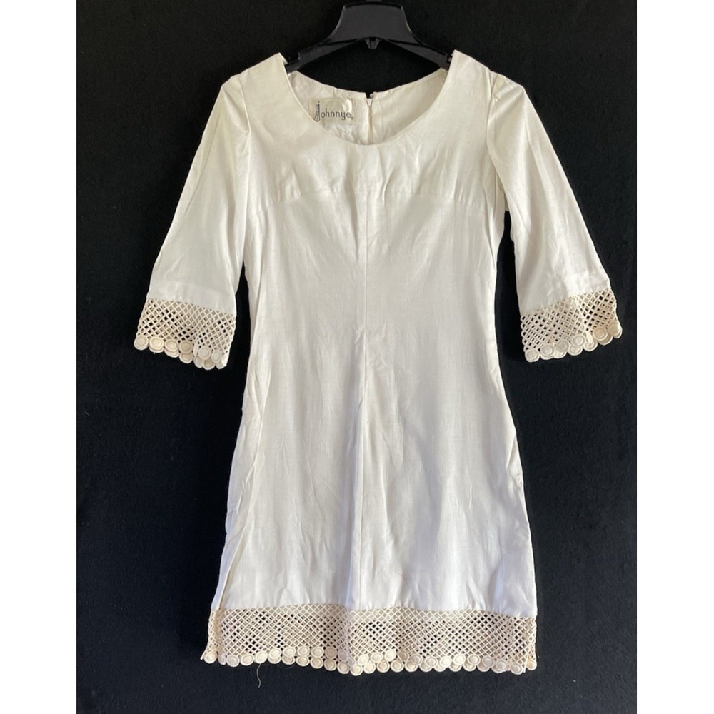 Vintage Johnnye Linen Boho Prairie Chic 1960's Midi Dress‎ Crochet Trim Cream M